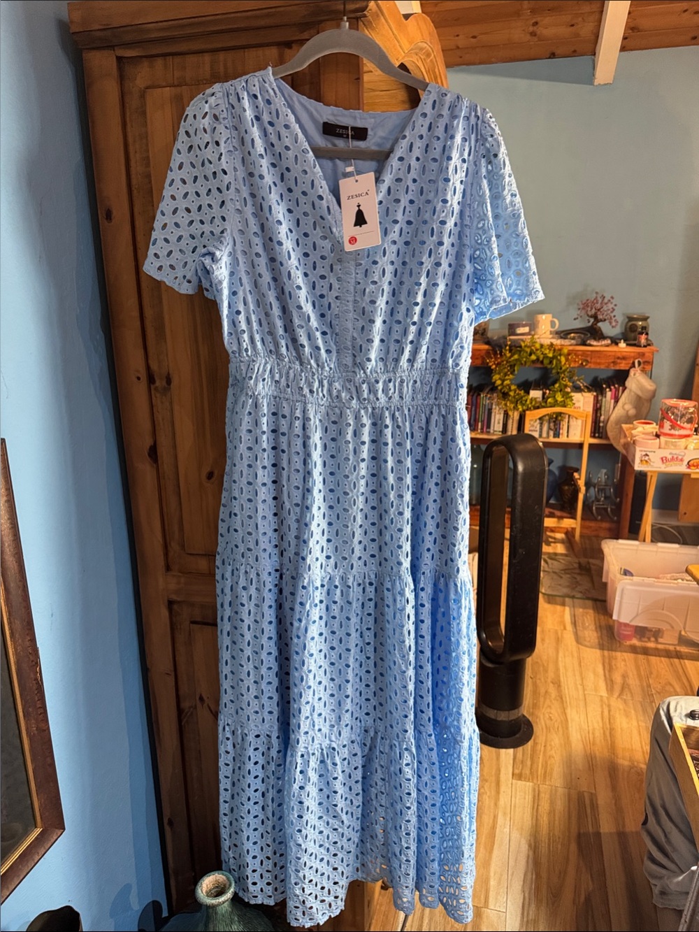 Light Blue Eyelet Tiered Maxi Dress with V-Neck